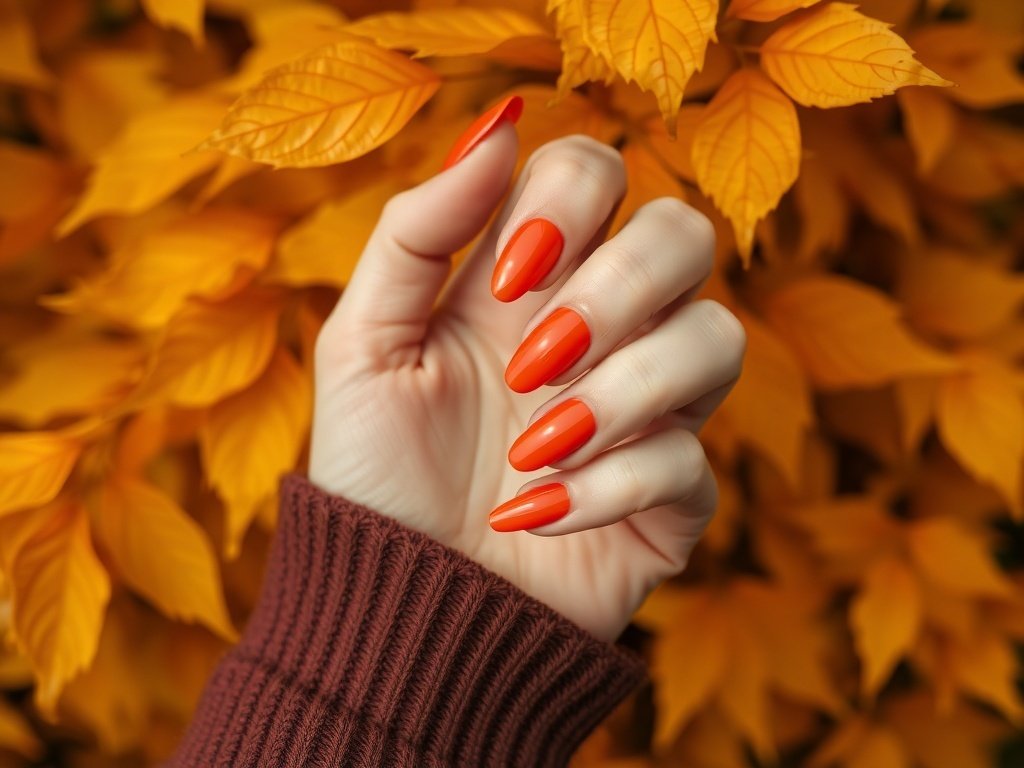 A hand displaying burnt orange ombré nails against a backdrop of autumn leaves.