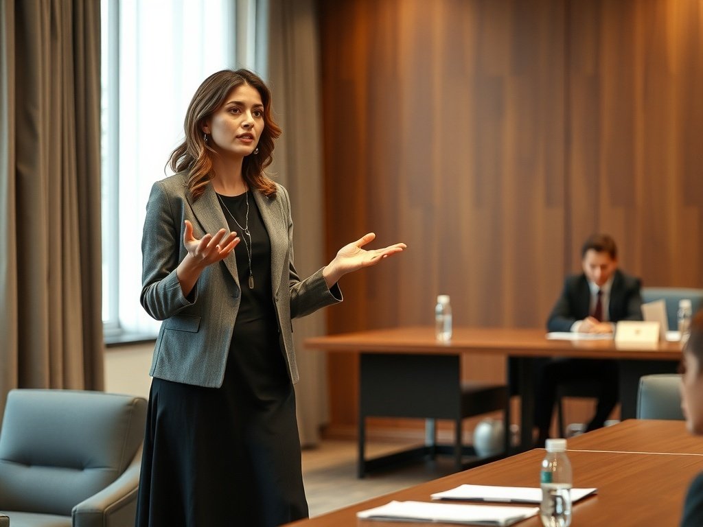 A woman in a midi dress and structured jacket presenting in a corporate meeting.