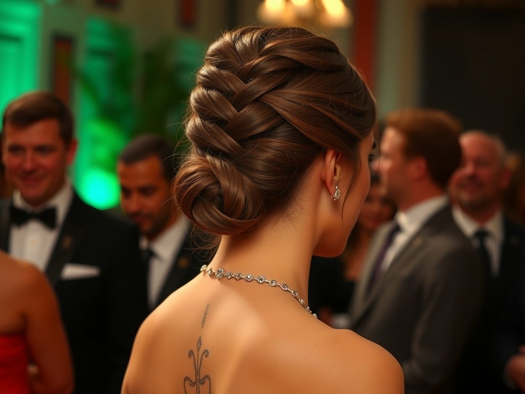 A woman with a tidy braided bun hairstyle, showcasing elegance at a formal event.