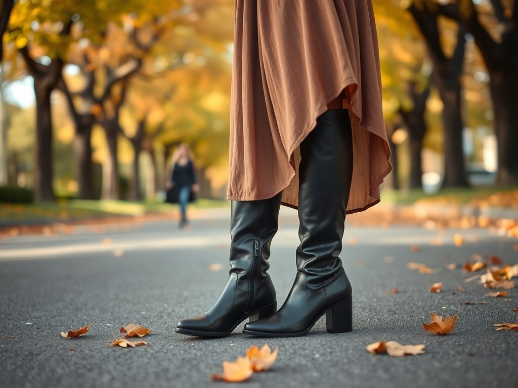 A close-up of a stylish woman wearing classic leather knee-high boots, surrounded by autumn leaves in a park.