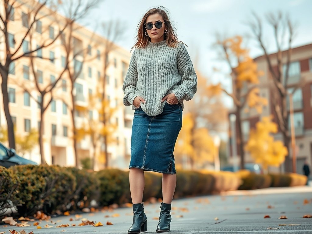 Fashion model in oversized sweater and denim pencil skirt outdoors in autumn.