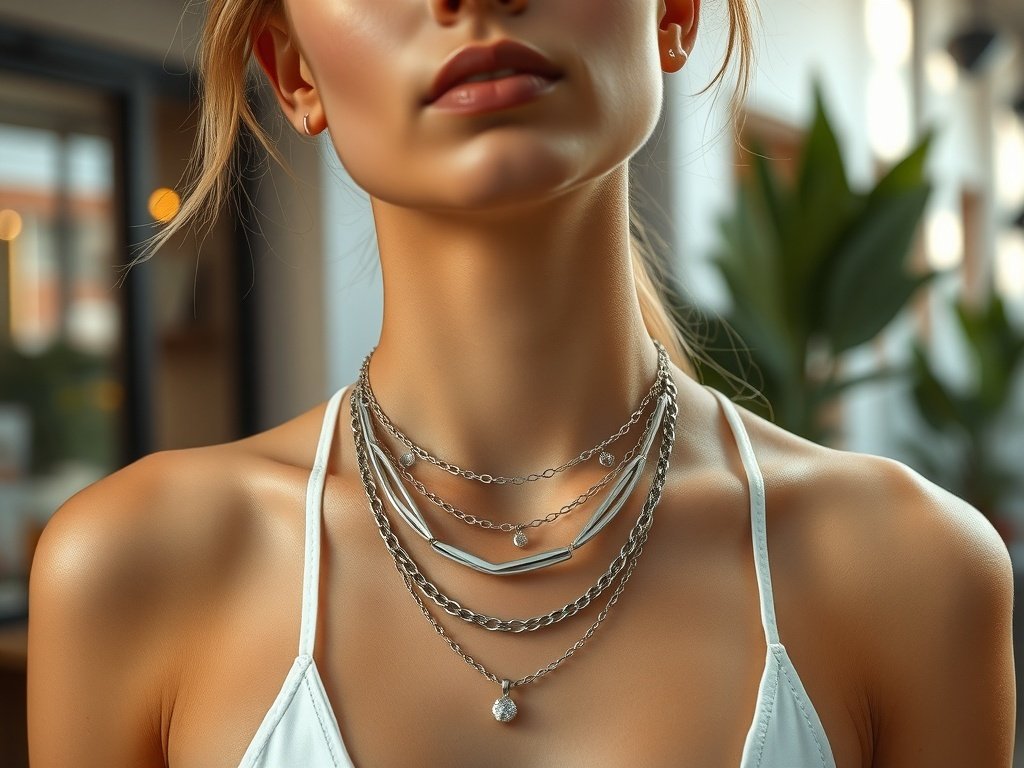 Close-up of a model wearing layered silver and mixed metal necklaces, showcasing modern jewelry trends.