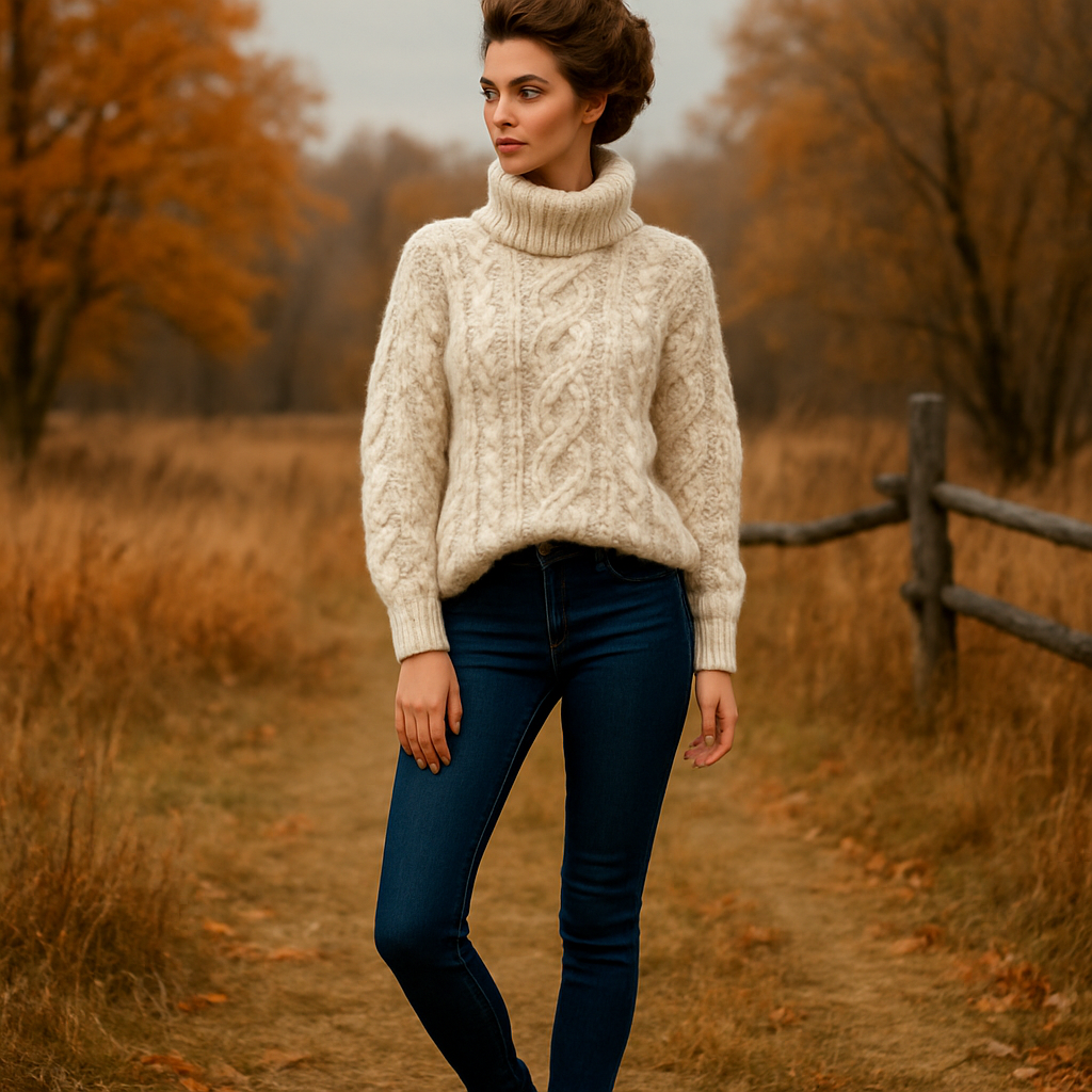 Fashion model in skinny jeans and a chunky knit sweater, wearing brown boots, standing on a path surrounded by autumn leaves.