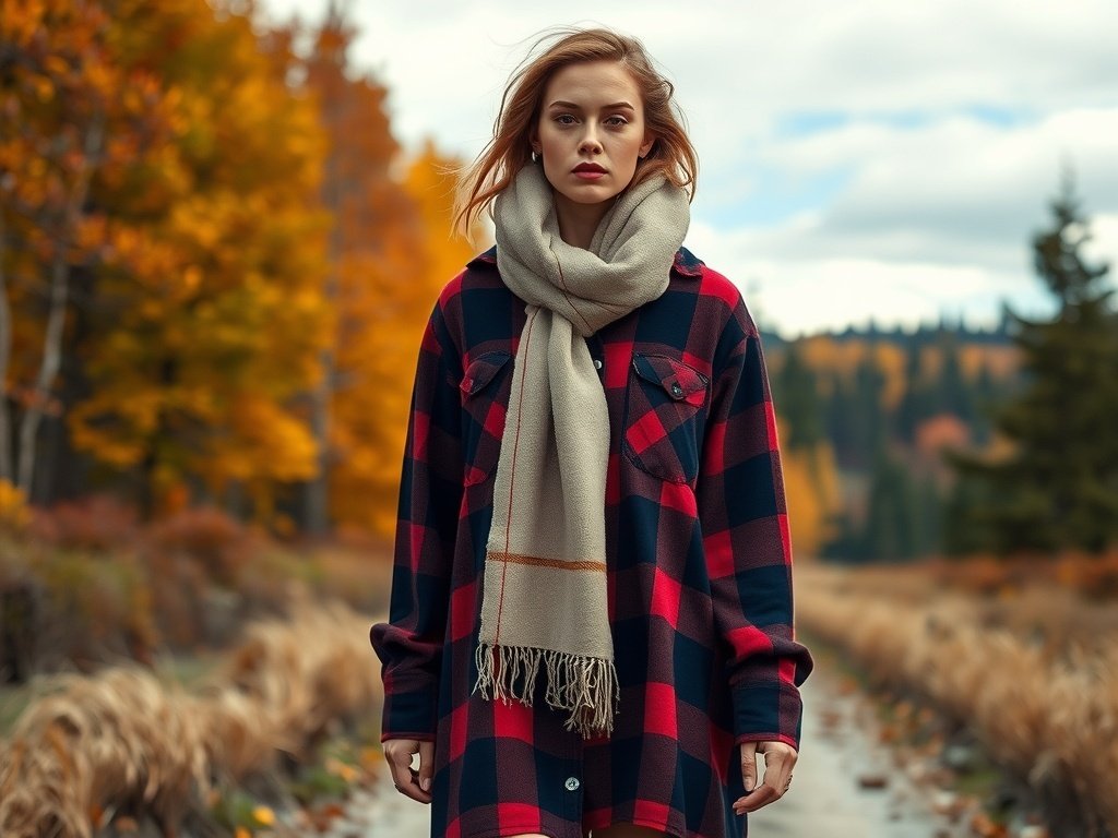 A model wearing an oversized flannel shirt dress in red and black plaid with a chunky scarf, set against a fall background.