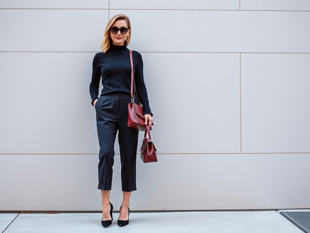 A woman wearing a black turtleneck sweater and tailored culottes, standing outside a modern office building.
