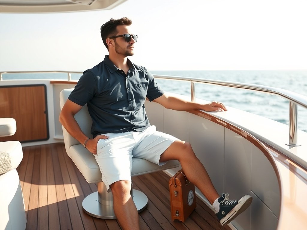 A man in a navy polo shirt and white shorts sitting on a yacht, wearing sunglasses and sneakers, enjoying the ocean view.