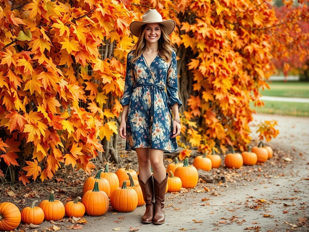 A model wearing a floral dress and cowboy boots in an autumn setting with pumpkins and colorful leaves.