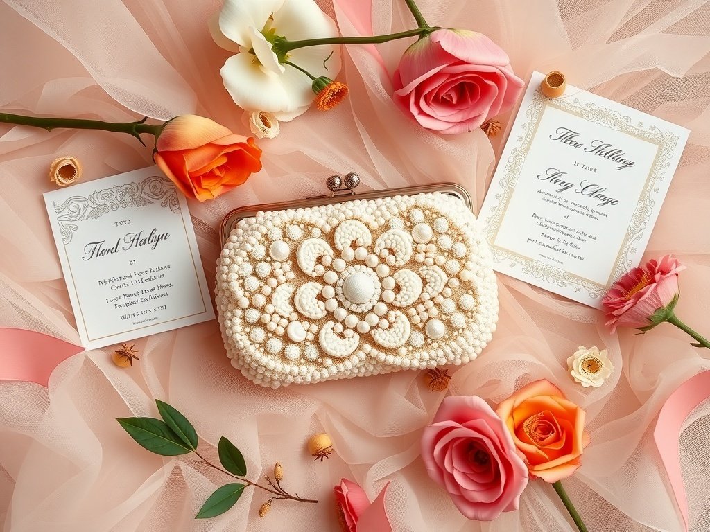 Vintage beaded minaudière purse surrounded by roses and wedding invitations on a soft tulle backdrop.