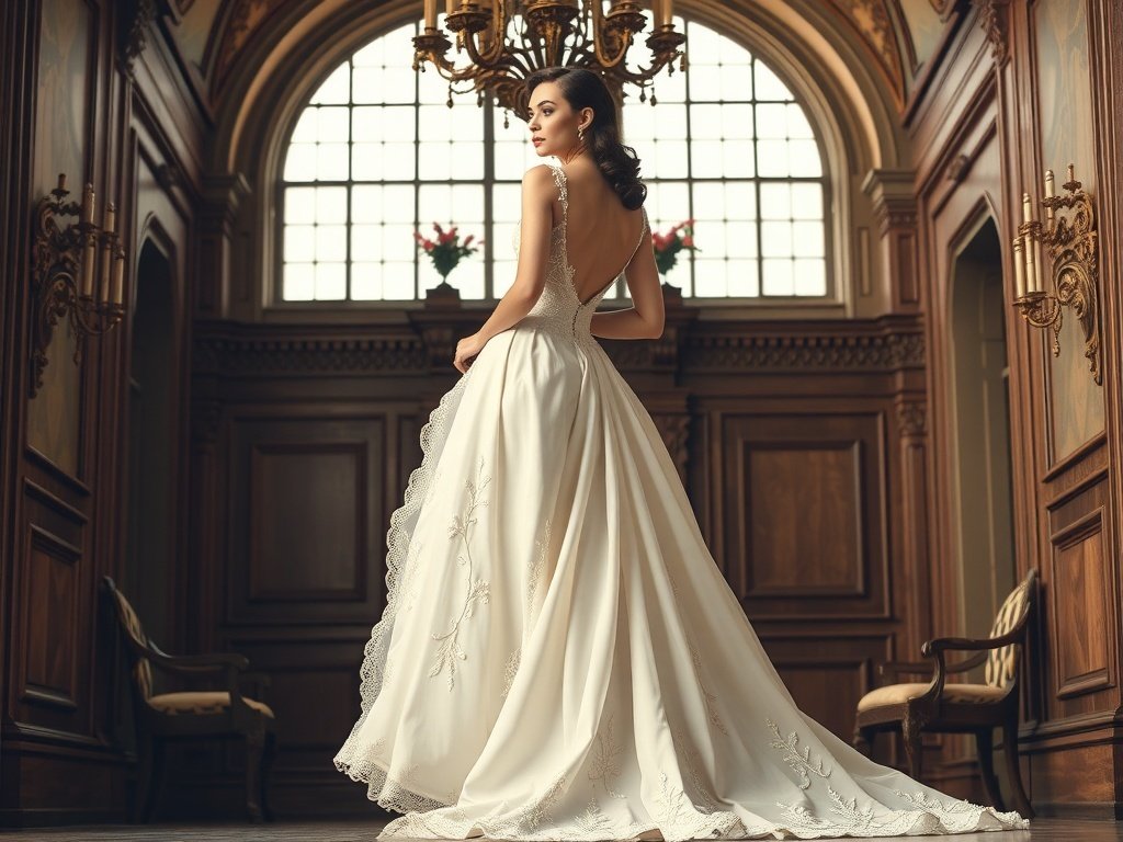 A model in a vintage-inspired white bridal gown with a train, set in a stylish vintage hall.