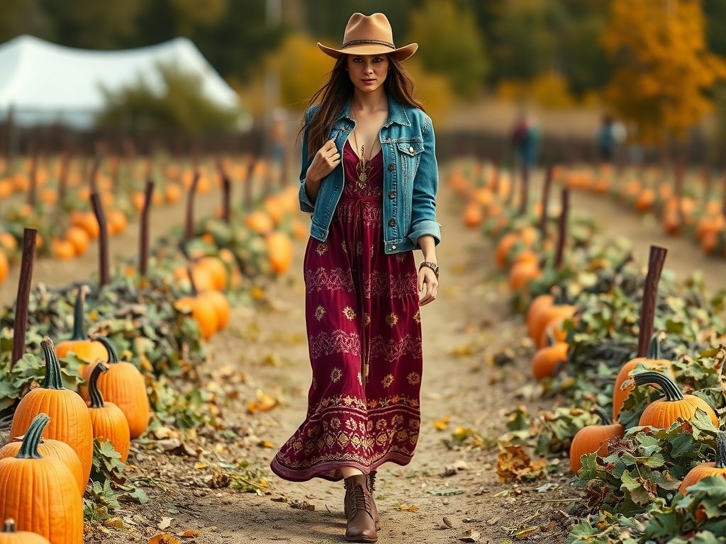 A model wearing a bohemian maxi dress and denim jacket walking through a pumpkin patch in autumn.