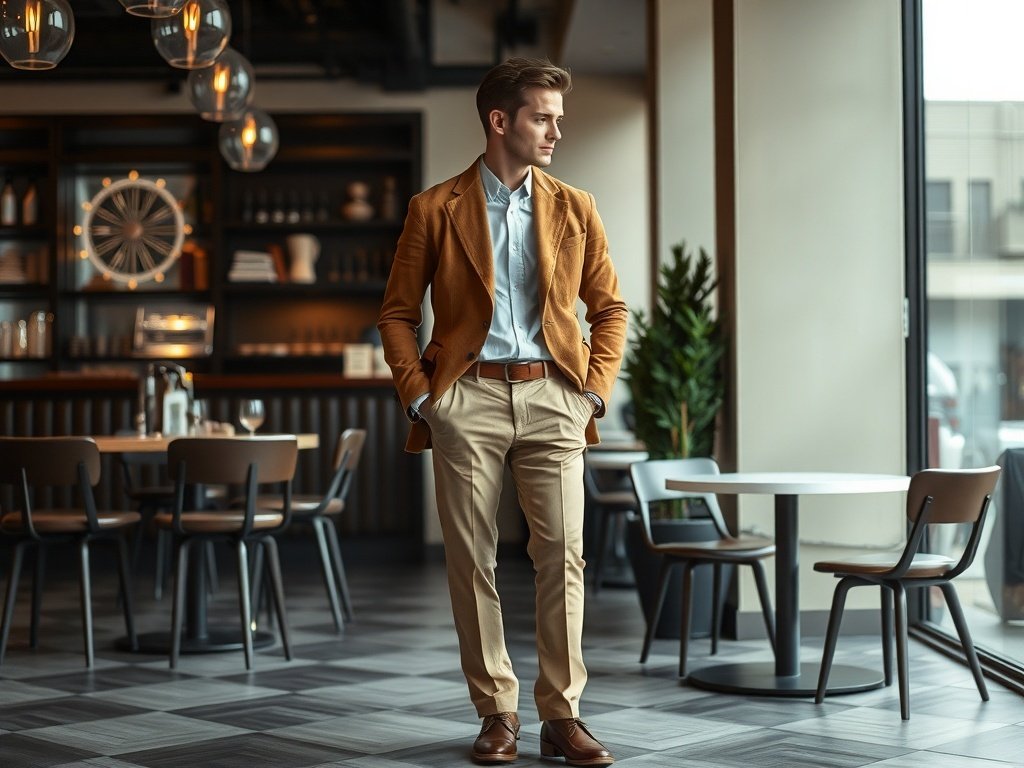 A man wearing a suede leather jacket with dress shoes, showcasing a stylish and polished look.
