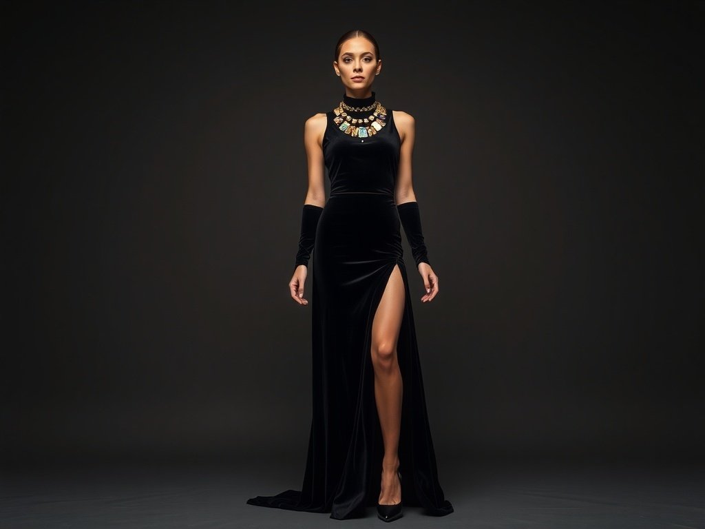 High-neck velvet dress with a slit, model posing with classy hairstyle and statement jewelry