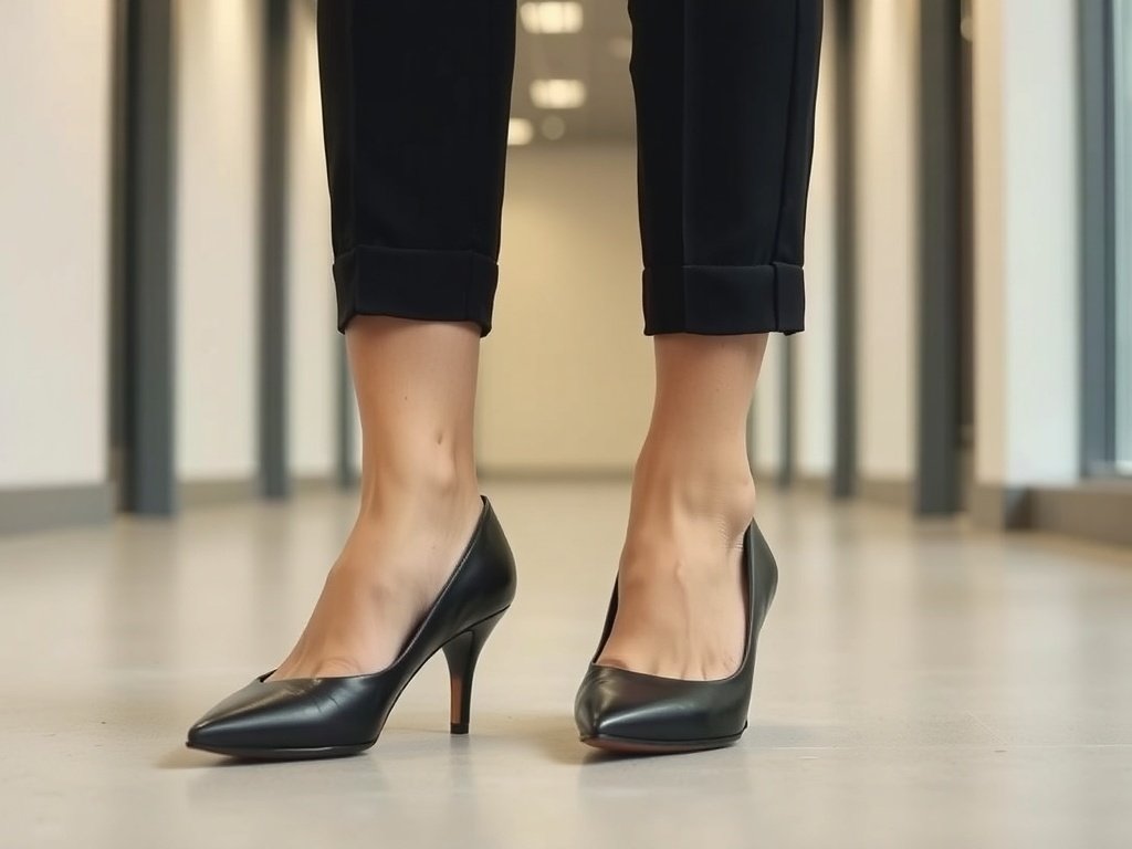 A pair of classic black pointed-toe pumps worn with tailored trousers in a contemporary office setting.