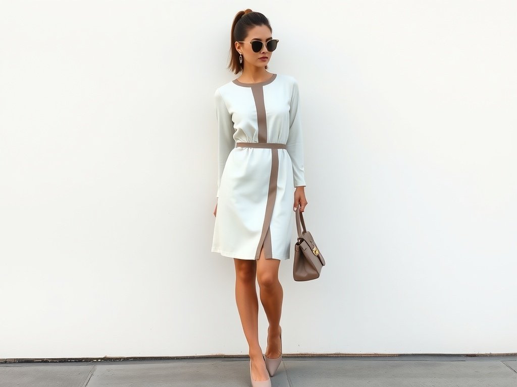 Ivory shift dress with taupe details, matching shoes, handbag, and sunglasses worn by a fashion model.