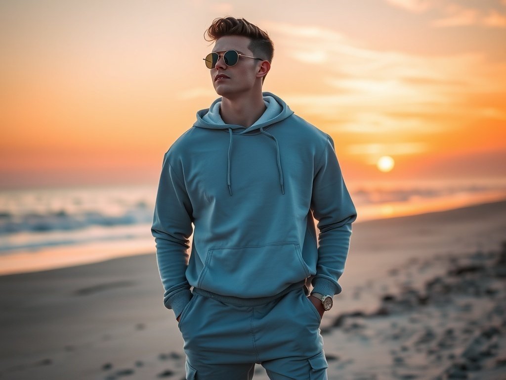 A young man wearing a lightweight hoodie and jogger pants standing on the beach at sunset.