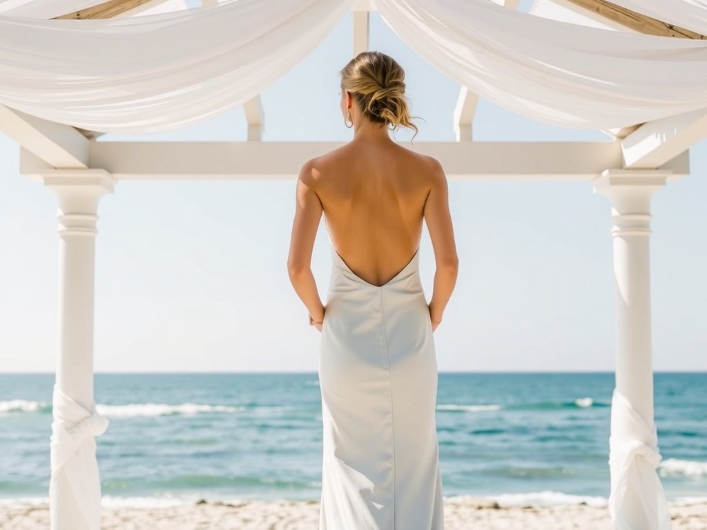 Backless minimalist silk gown hanging in a beachside gazebo with ocean view