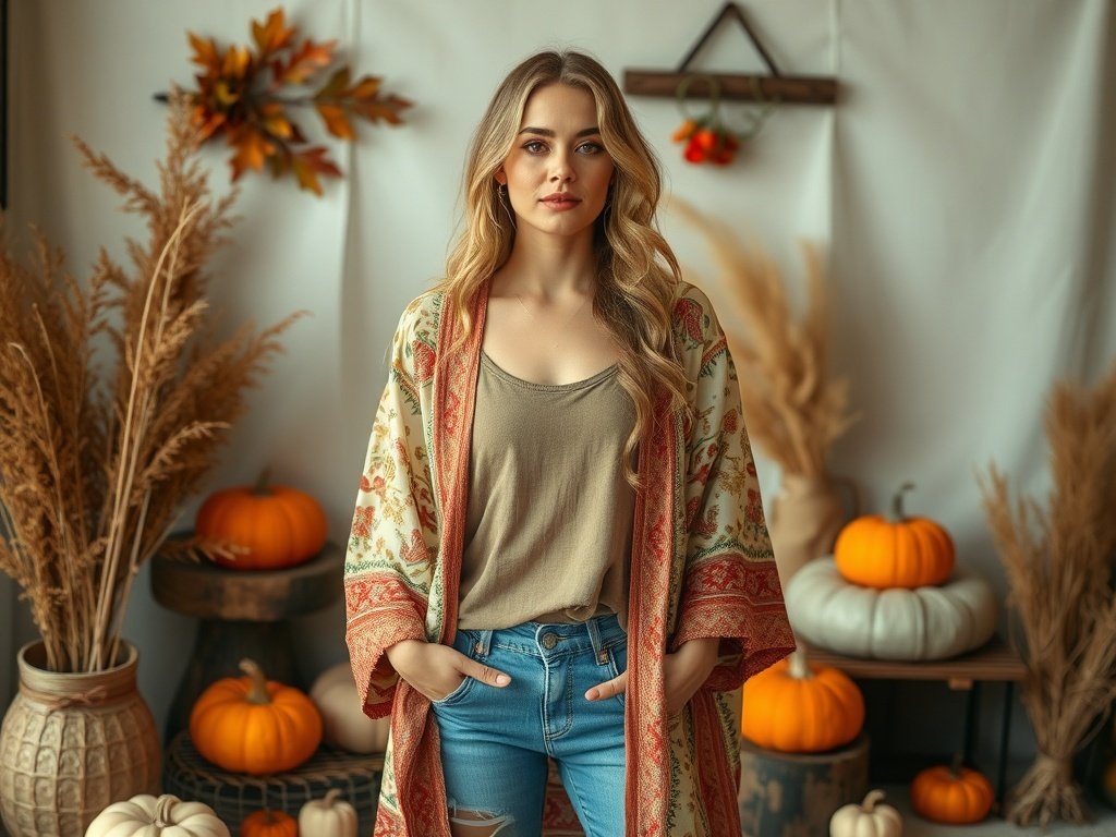 A bohemian style kimono displayed with a simple top, surrounded by autumn decorations like pumpkins and leaves.