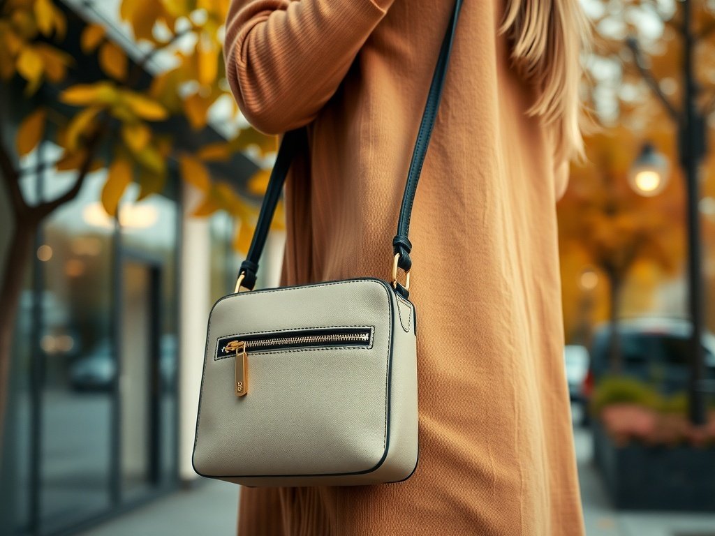 A stylish crossbody bag worn by a person in a cozy outfit, set against an autumn backdrop.