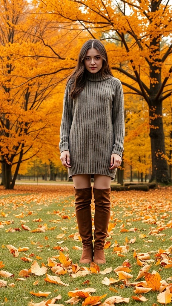 A woman in a knitted dress and knee-high boots standing in an autumn park with orange leaves.
