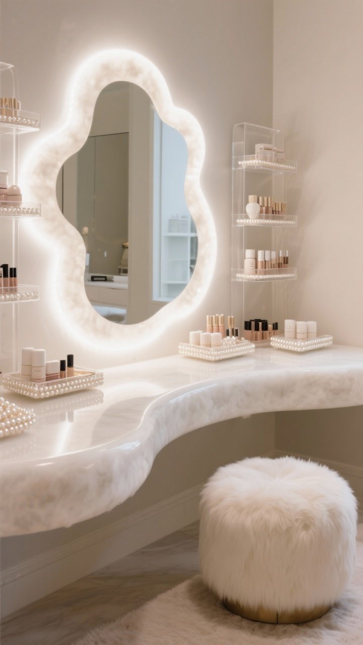 Detail closeup of Soft Glam Cloud textures: curved ivory vanity edge and giant backlit LED mirror (3000–3500K) creating diffused halo, acrylic makeup towers with neatly arranged cosmetics, pearlized trays catching soft highlights, faux-fur ottoman in cream; palette of ivory, pearl, champagne, soft taupe; spa-like serene glow, no people.