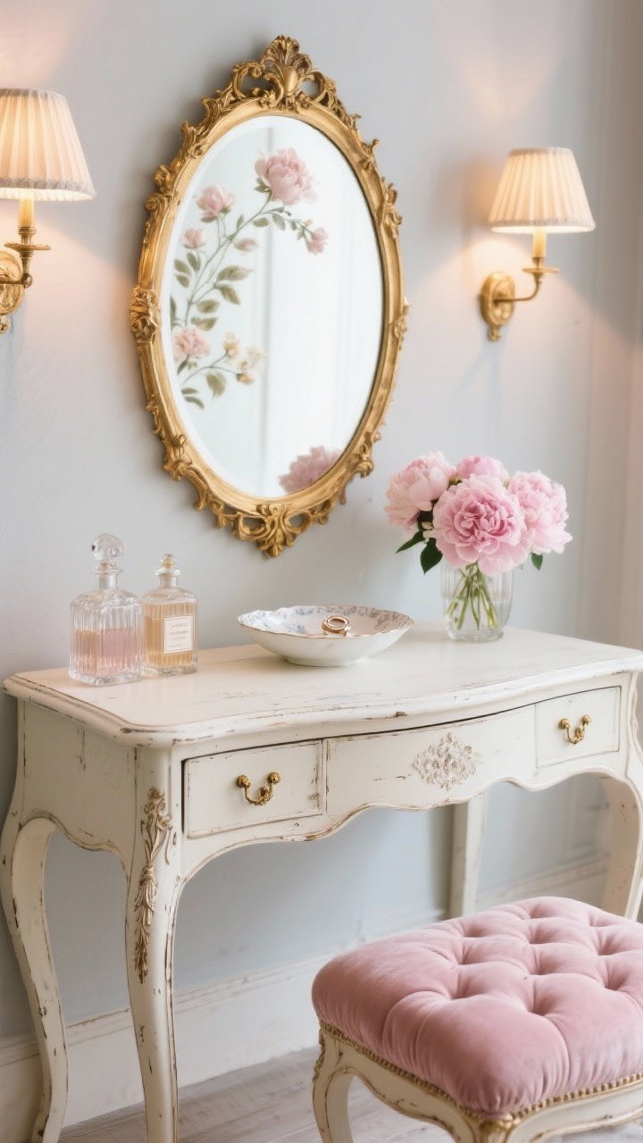 Detail closeup of Vintage Parisian charm: lightly distressed cream antique vanity desk with curved legs and delicate brass pulls, gilded oval mirror with floral carvings reflected softly, crystal perfume bottles catching light, porcelain ring dish, blush velvet tufted stool edge, soft pink silk peonies; petite sconces with pleated shades casting warm glow; palette of cream, blush, antique gold, dove gray; romantic patina, no people.