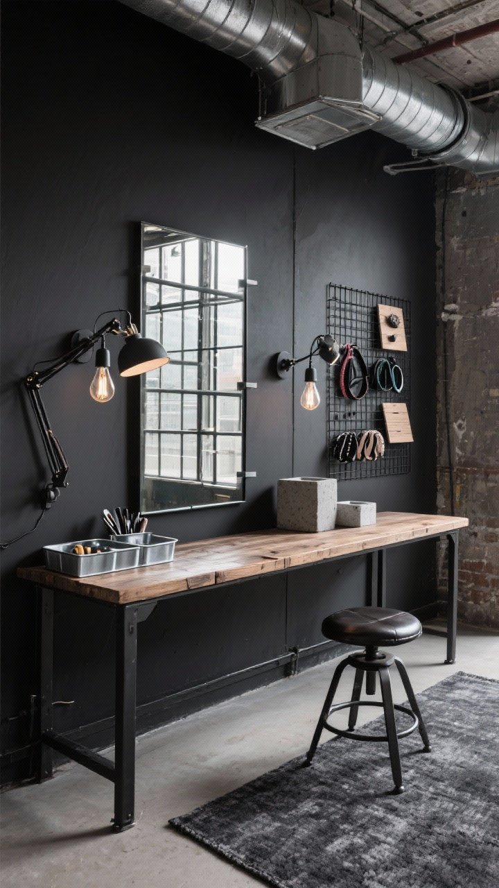 Medium angle industrial loft beauty station: matte black metal desk with reclaimed wood top, grid-framed mirror resembling factory windows, adjustable swing-arm sconces providing cool-neutral high-CRI task lighting, galvanized trays organizing tools, backless leather stool, concrete catchall, black wire wall grid with headbands and palettes, charcoal rug and exposed-bulb details; edgy utilitarian mood, no people.