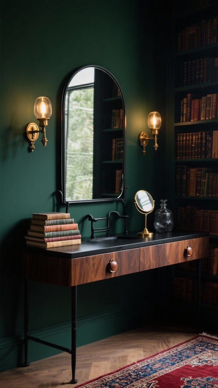 Medium corner angle of Dark Academia dressing nook: deep inky green wall, walnut vanity with leather pulls, black metal arched mirror with thin frame, antique brass library sconces flanking the mirror casting warm dimmable pools of light, stacked classic books, vintage brass magnifying mirror, smoky glass jars, Persian-style runner in oxblood and indigo underfoot; moody cinematic atmosphere, no people.