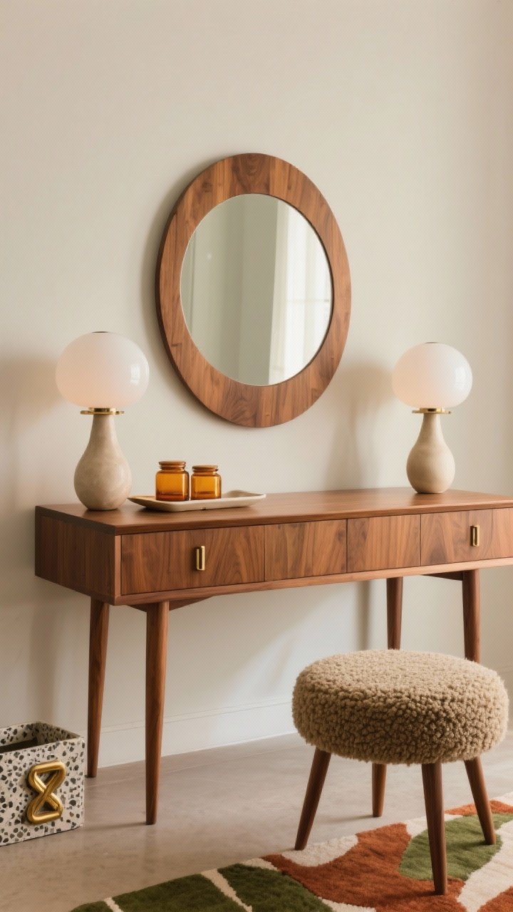Medium straight-on shot of mid-century modern vanity: warm teak vanity with tapered legs, pivoting round mirror in matching wood, symmetrical opaline globe lamps, sculptural ceramic tray, amber glass canisters, bouclé stool, graphic rug with olive and rust tones partially visible, brass interlocking handles and terrazzo catchall as accents; soft balanced lighting, retro-contemporary polish, no people.