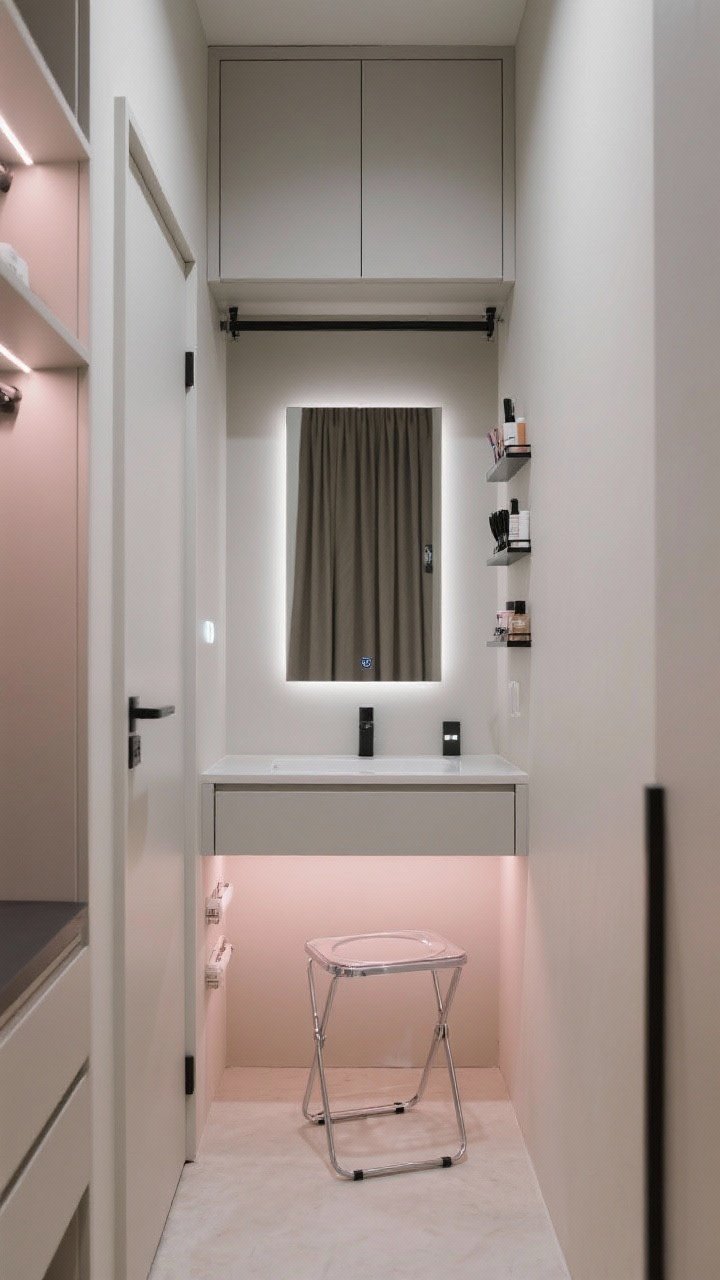 Narrow wide shot of compact closet-door vanity niche: fold-down wall-mounted vanity in painted MDF, slim edge-lit mirror, drawer-depth wall cabinets above for skincare, magnetic strips mounted for tools, motion-sensor LED strips under shelves casting practical light, folding acrylic stool tucked partly under, Roman shade framing the opening; palette of soft greige with matte black accents and pale blush touches; efficient small-space functionality, no people.