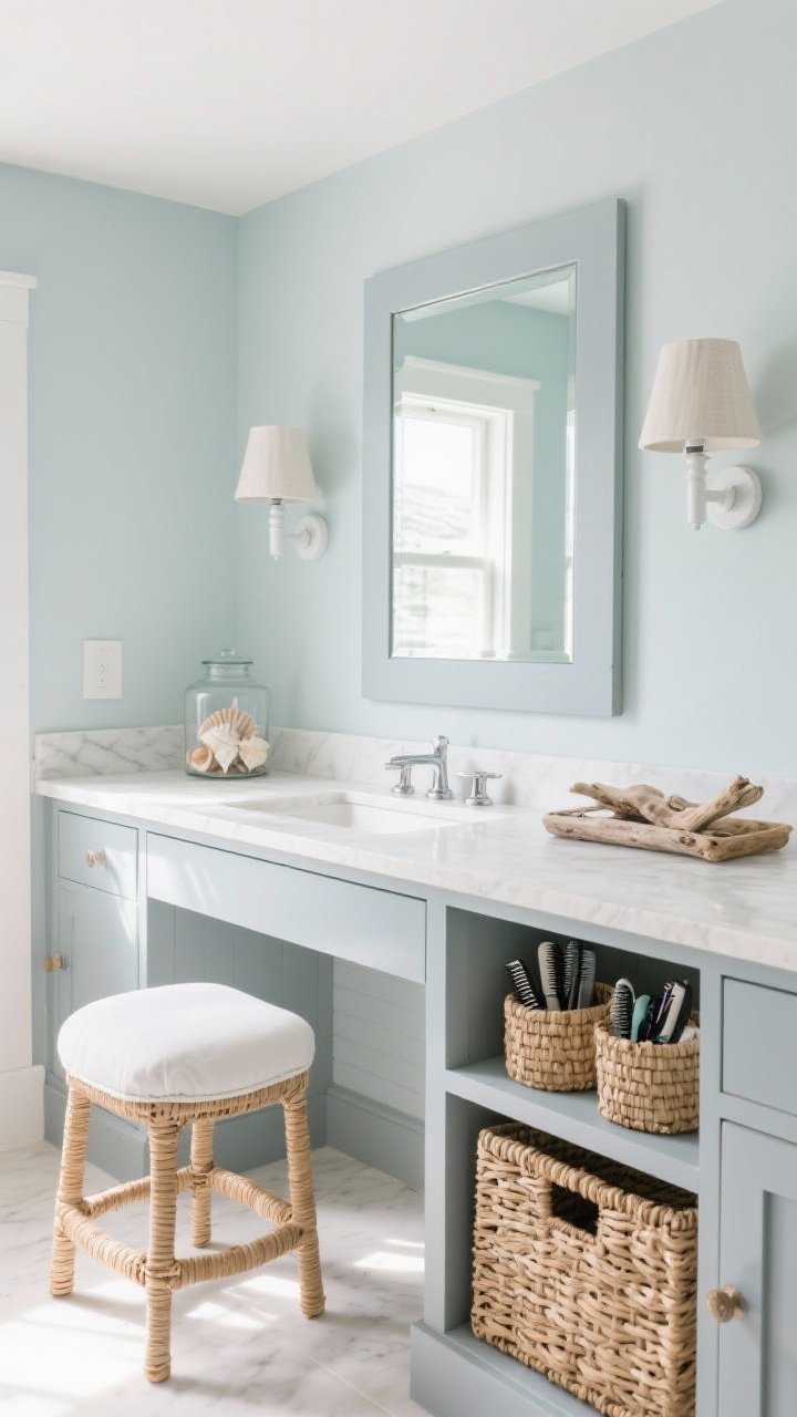 Wide coastal built-in vanity wall: soft blue-gray shaker built-in with white quartz top, beveled rectangular mirror centered, matte white sconces with linen shades, rattan counter stool with white cushion, textured baskets below for hair tools, sun-washed decor including shells in a glass jar, driftwood tray, woven organizers; palette of seafoam, white, sand, soft gray; bright coastal daylight, no people.