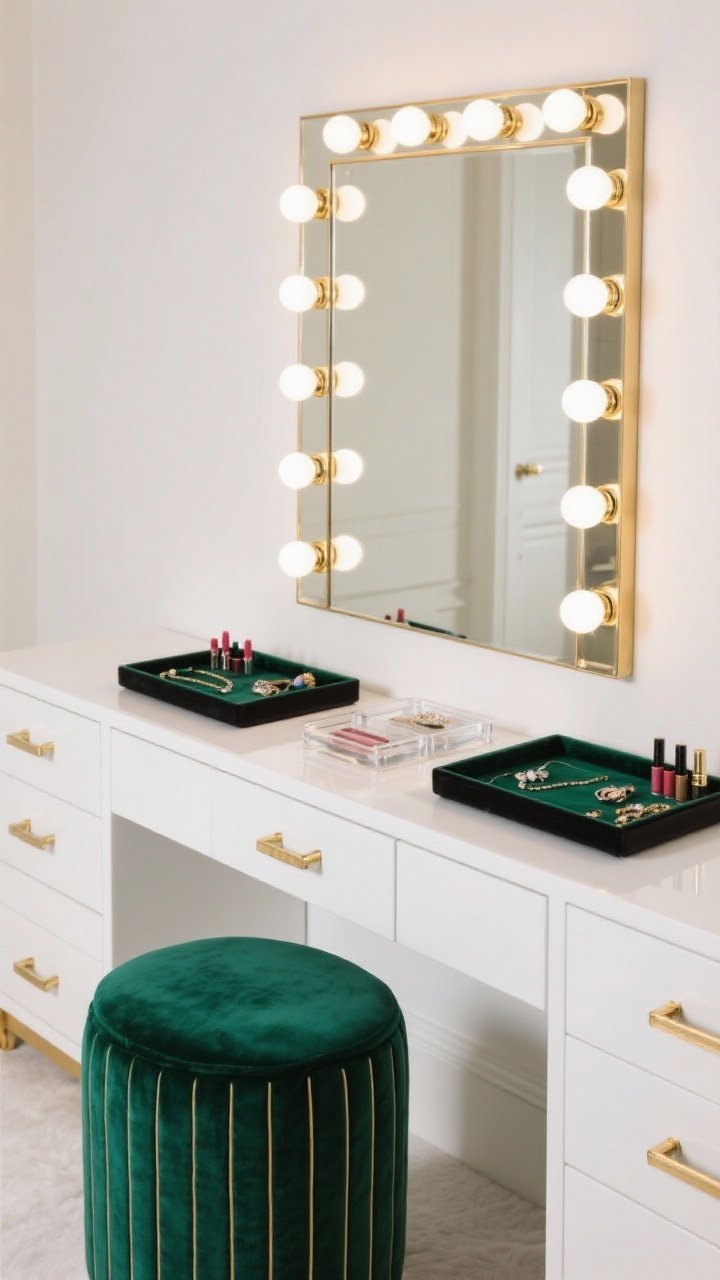Wide, straight-on shot of an Old-Hollywood glam vanity: a wide lacquered white console with a Hollywood mirror framed in dimmable globe bulbs at 2700K, velvet channel-back stool in deep emerald, polished brass hardware, black glass trays for contrast, acrylic drawers for lipsticks, velvet-lined jewelry trays; crisp palette of white, brass, emerald with subtle black accents; photorealistic cinematic glow, clean lines, no people.