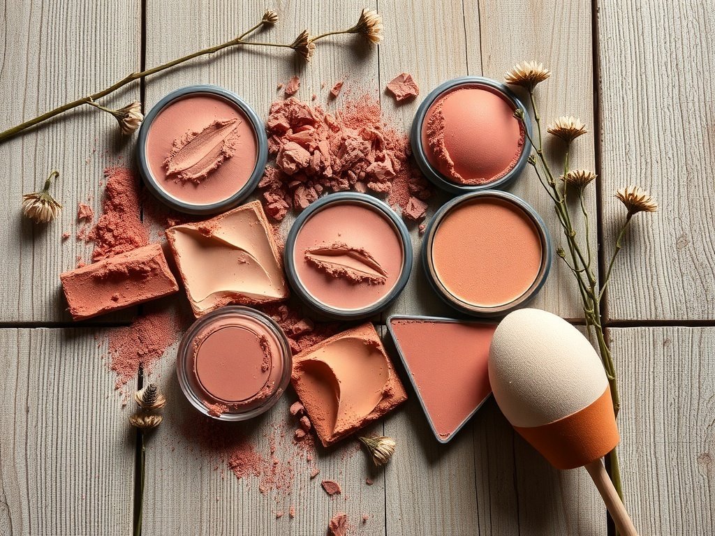 Various earthy blush shades and a makeup sponge on a wooden surface.