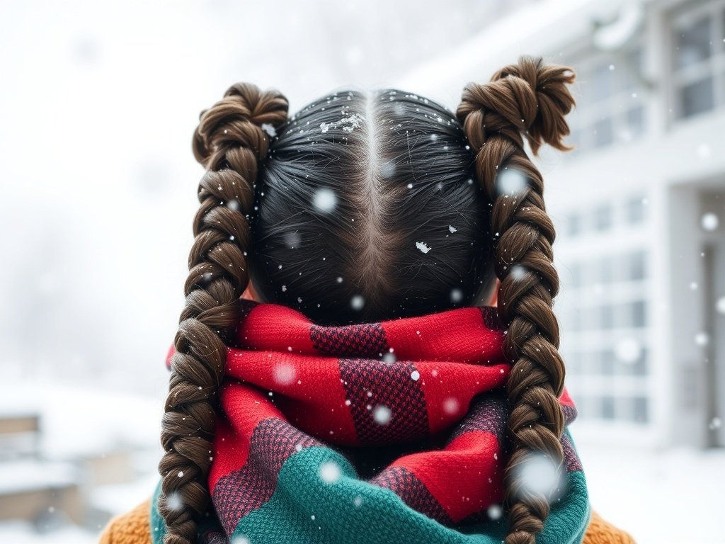 A person with chunky braids wearing a colorful winter scarf in a snowy setting.