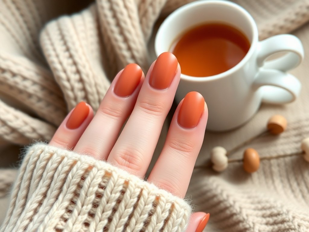 A close-up of hands with matte textured nails, wearing a cozy sweater, next to a cup of tea.