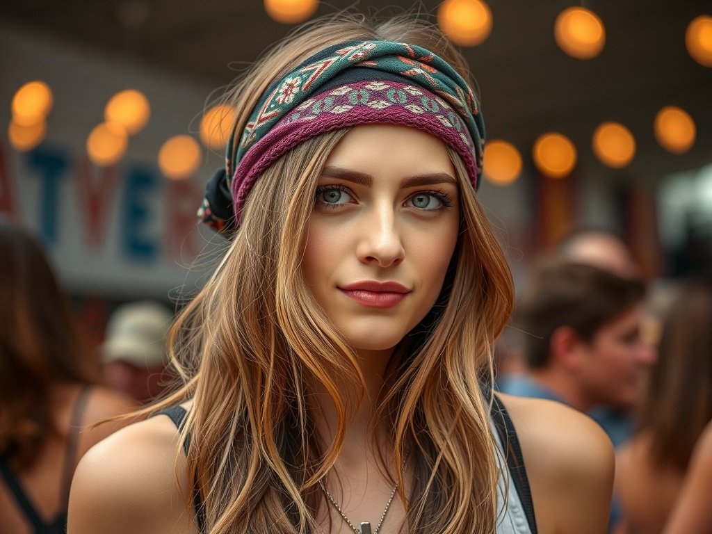 A young woman with long hair wearing a patterned headband, showcasing a Boho chic style.