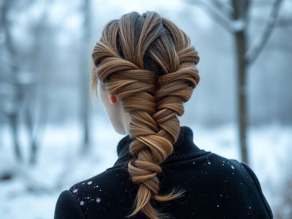 A woman with a half-up braid featuring twisted ends, set against a snowy background.
