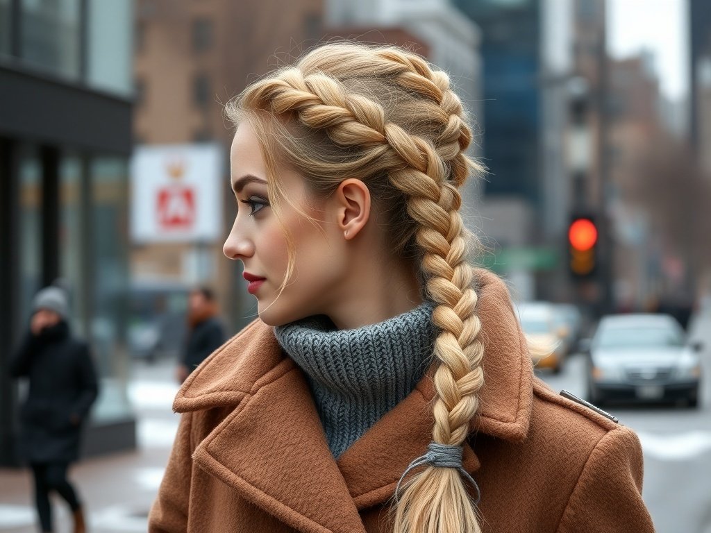 A woman with a braided ponytail featuring frosted tips, wearing a cozy sweater and a stylish coat.