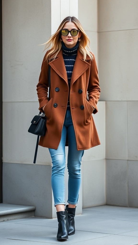 A stylish model wearing a refined peacoat with high-waisted jeans and ankle boots, standing against a classic door.
