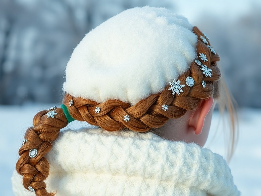 A fishtail braid adorned with glittering snowflake accessories, set against a snowy backdrop.