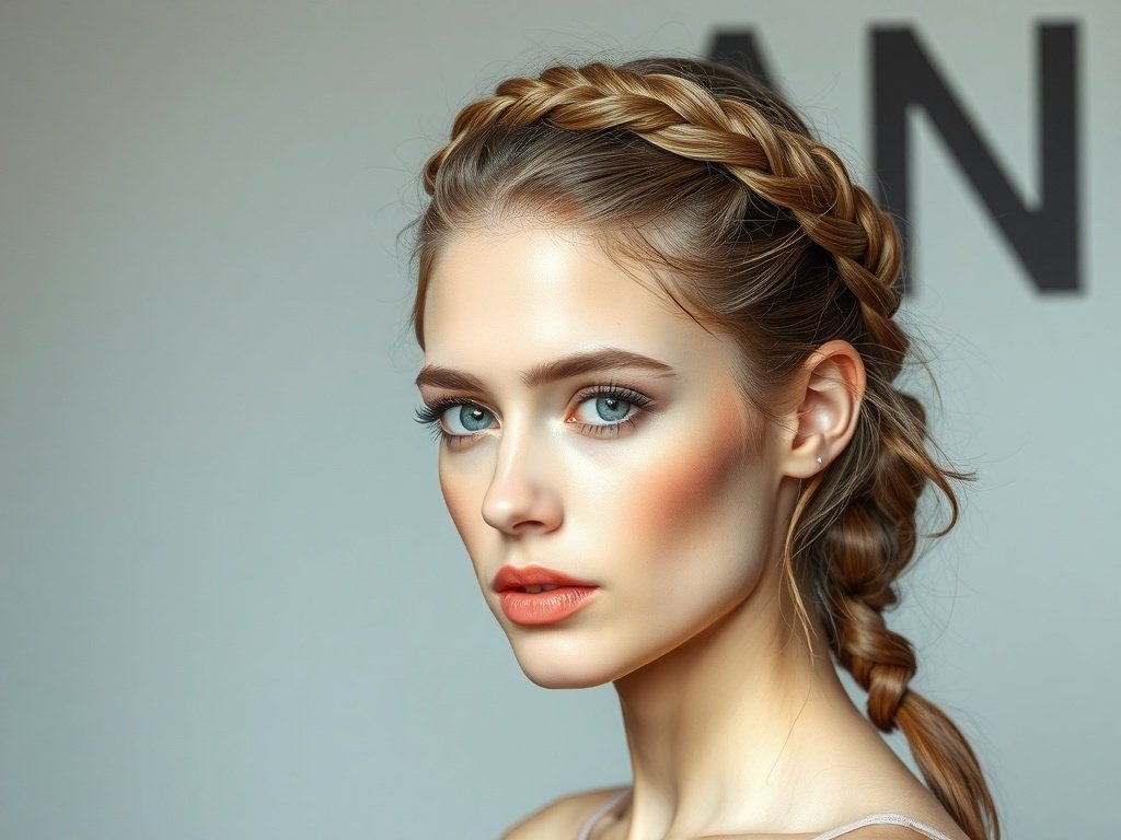 A young woman with a braided crown hairstyle, showcasing a beautiful and elegant look.