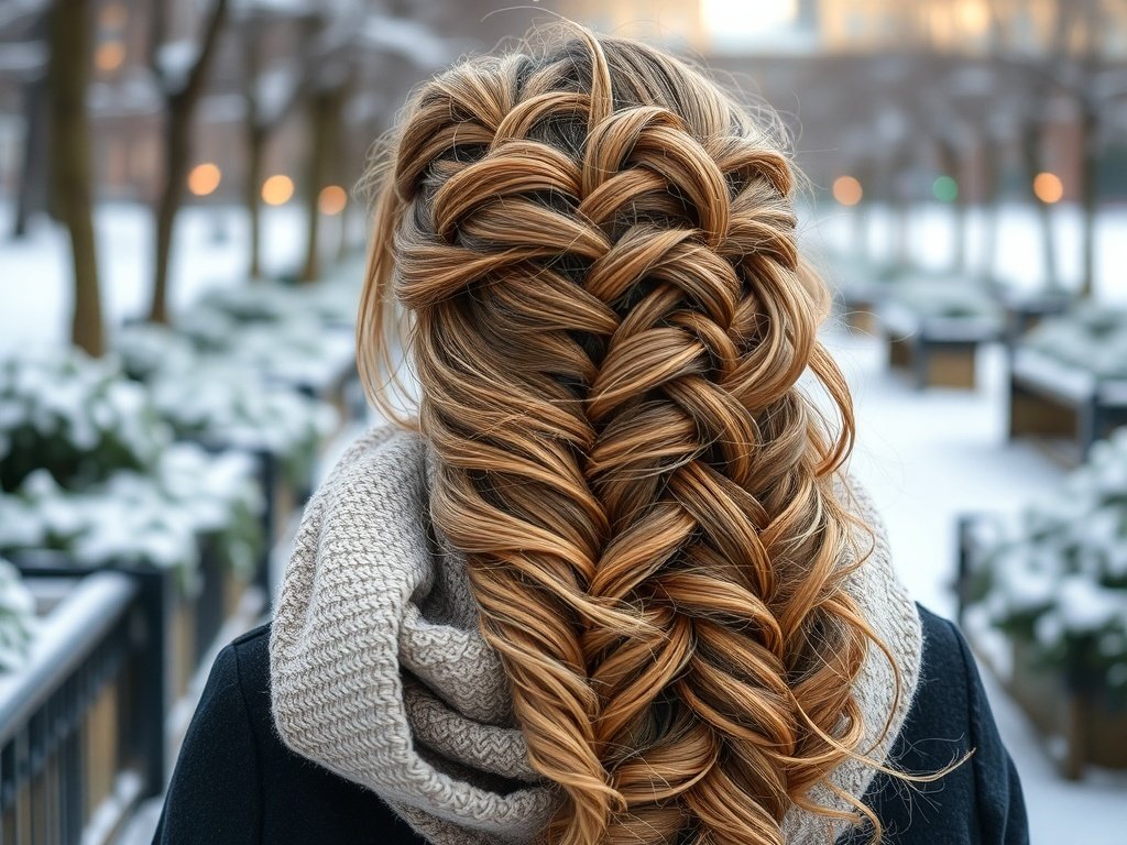 A woman with a waterfall braid and soft waves, wearing a cozy scarf in a snowy setting.