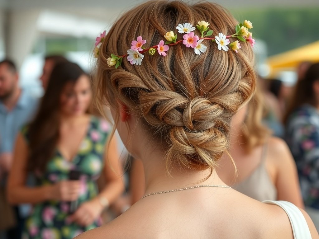 A woman with a chic braided crown hairstyle adorned with flowers, showcasing a stylish and casual look.