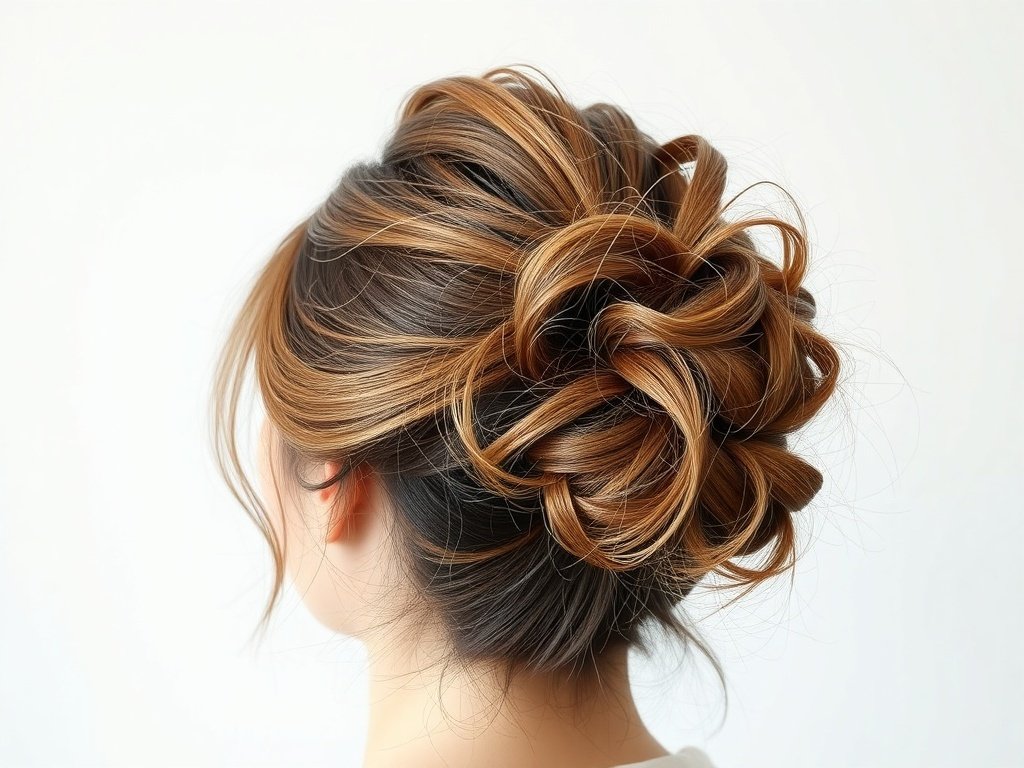 A stylish half-up messy bun hairstyle, showcasing volume and texture, suitable for thin hair.
