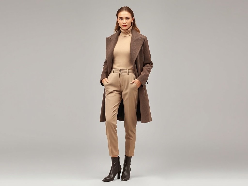 Model wearing a monochrome neutral winter outfit featuring a brown coat, beige sweater, and tailored trousers.