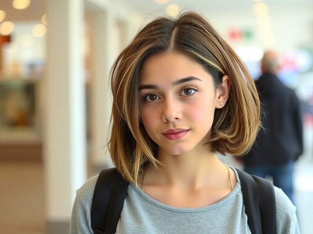A young woman with a textured lob hairstyle featuring highlights, wearing a casual outfit.