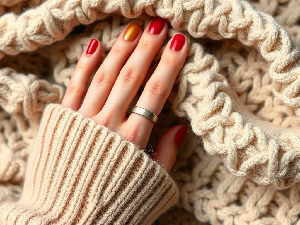 A hand with warm-toned nail polish resting on a cozy knitted scarf.