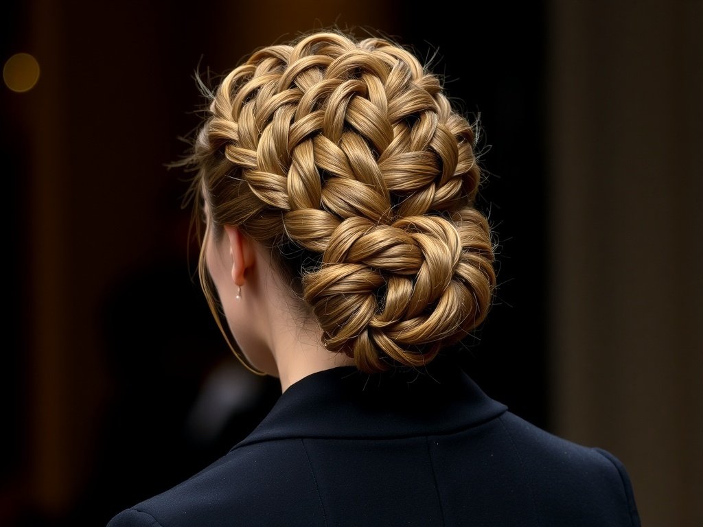 A beautifully intricate braided updo hairstyle, featuring a bun made of tightly woven braids, suitable for formal events.
