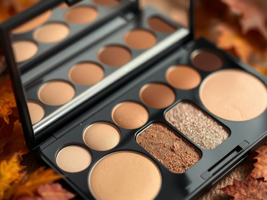 A makeup palette featuring metallic shades surrounded by autumn leaves.