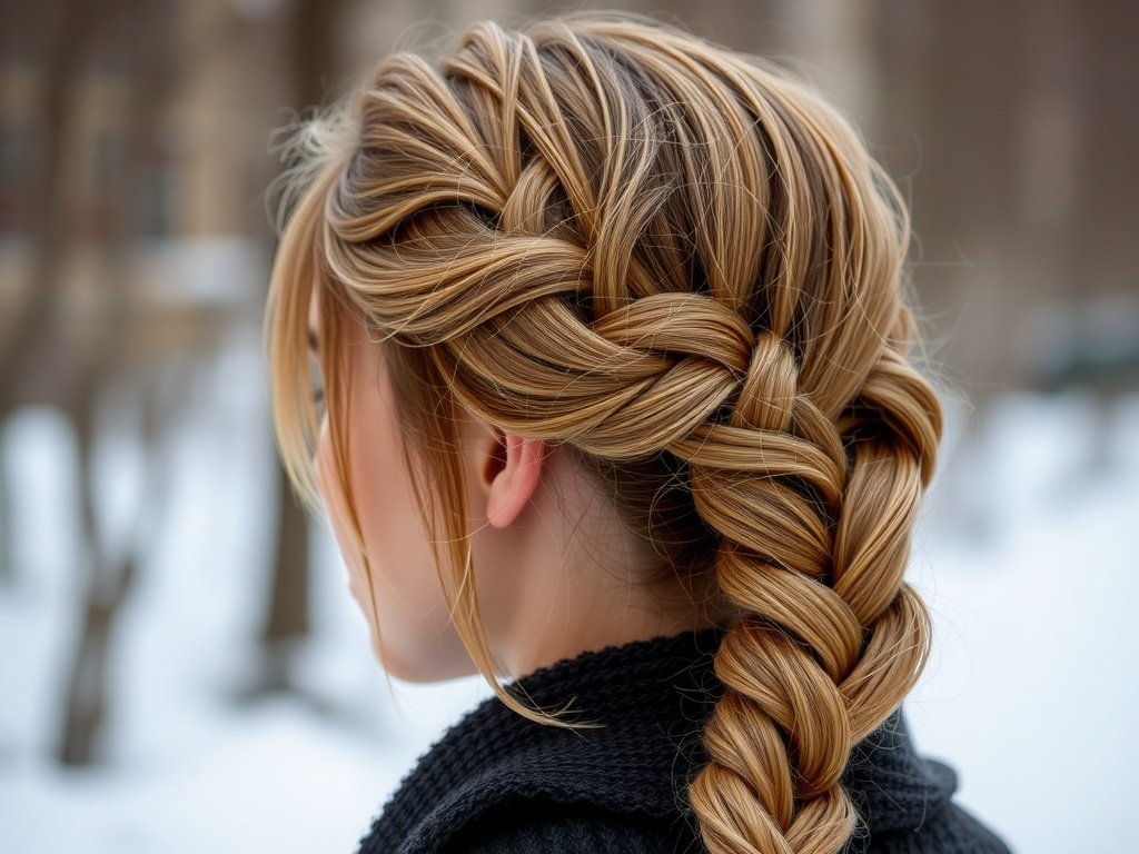 A stylish classic French braid with a twist, showcasing intricate weaving and a beautiful golden hue against a wintery background.