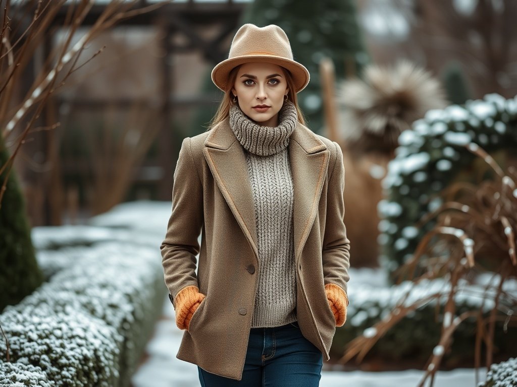 A model wearing a tailored wool blazer with a knit sweater and stylish accessories in a winter setting.